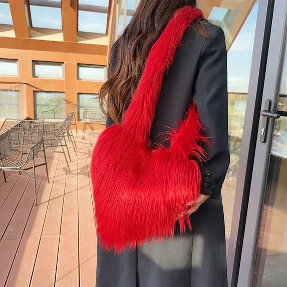 Sweet Heart Women's Faux Fur Shoulder Bags Long Plush Ladies Love Messenger Bag Winter Luxury Female Fluffy Tote Handbags Purse
