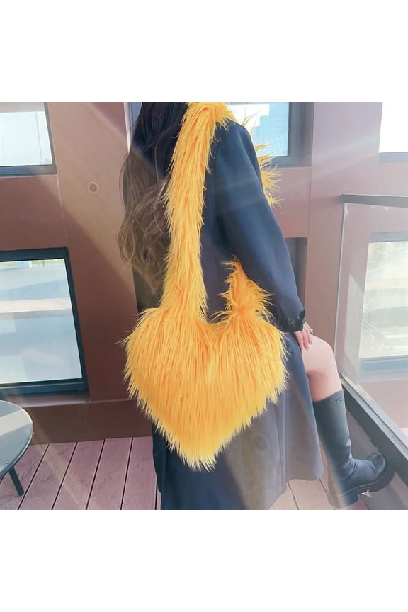 Sweet Heart Women's Faux Fur Shoulder Bags Long Plush Ladies Love Messenger Bag Winter Luxury Female Fluffy Tote Handbags Purse