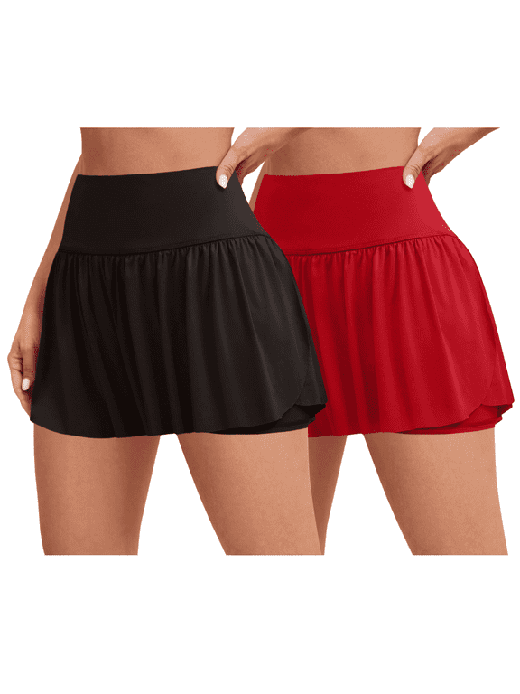 2-Pack Activewear Shorts for Women- High Waist Spandex Workout Gym Shorts Athletic Running Tennis Skort Made in USA