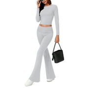 SWEETHEARTS Sweet Hearts 2 Piece Lounge Sets for Women- Modal High Waisted Flare Leggings Yoga Pants Long Sleeve Crop Top for Women Casual Fall 2 Piece Pajama Sets Made in USA (Pink, X-Small)