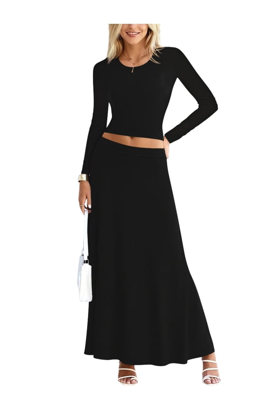 Sweet Hearts 2 Piece Sets for Women- Casual Modal Solid Maxi Skirt Long Sleeve Crop Tops Womens 2 Piece Outfits Fall Made in USA (Black, Small)