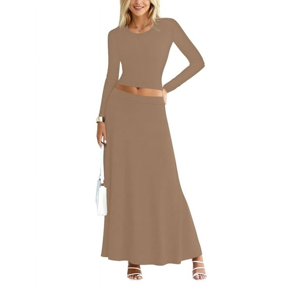 Sweet Hearts 2 Piece Sets for Women- Casual Modal Solid Maxi Skirt Long Sleeve Crop Tops Womens 2 Piece Outfits Fall Made in USA (Khaki, Small)