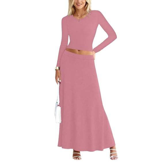 Sweet Hearts 2 Piece Sets for Women- Casual Modal Solid Maxi Skirt Long Sleeve Crop Tops Womens 2 Piece Outfits Fall Made in USA (Pink, Medium)