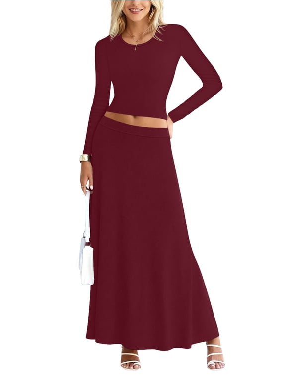 Sweet Hearts 2 Piece Sets for Women- Casual Modal Solid Maxi Skirt Long Sleeve Crop Tops Womens 2 Piece Outfits Fall Made in USA (Wine, Medium)