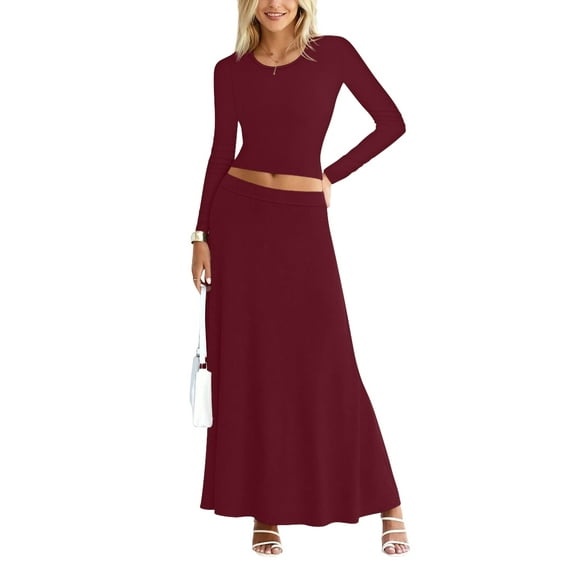 Sweet Hearts 2 Piece Sets for Women- Casual Modal Solid Maxi Skirt Long Sleeve Crop Tops Womens 2 Piece Outfits Fall Made in USA (Wine, Small)
