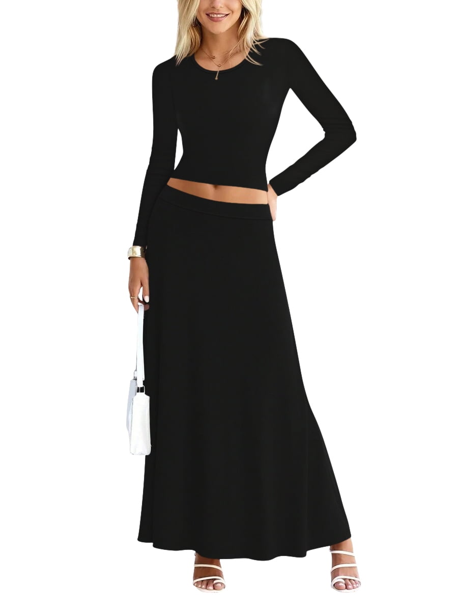 Minimalist Sexy Women’s Two-Piece Set – Off-Shoulder Long Sleeve Crop Top & Pleated Skirt