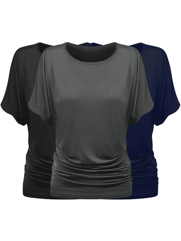 3-Pack Dolman Top for Women- Short Sleeve Solid Business Casual Shirt with Elastic Side Ruching Made in USA