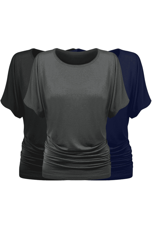 3-Pack Dolman Top for Women- Short Sleeve Solid Business Casual Shirt with Elastic Side Ruching Made in USA