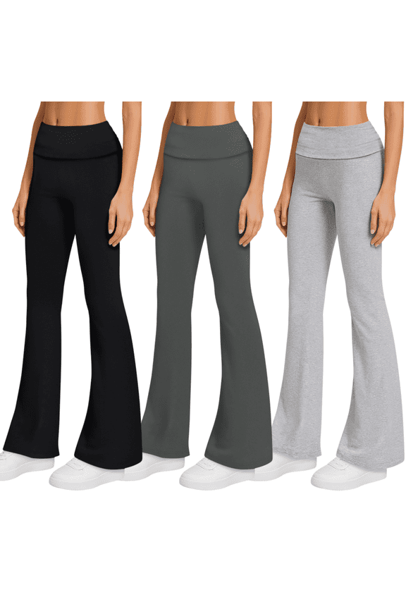 3-Pack Flare Leggings for Women- Foldover Flared Yoga Pants for Women Clothing Made in USA