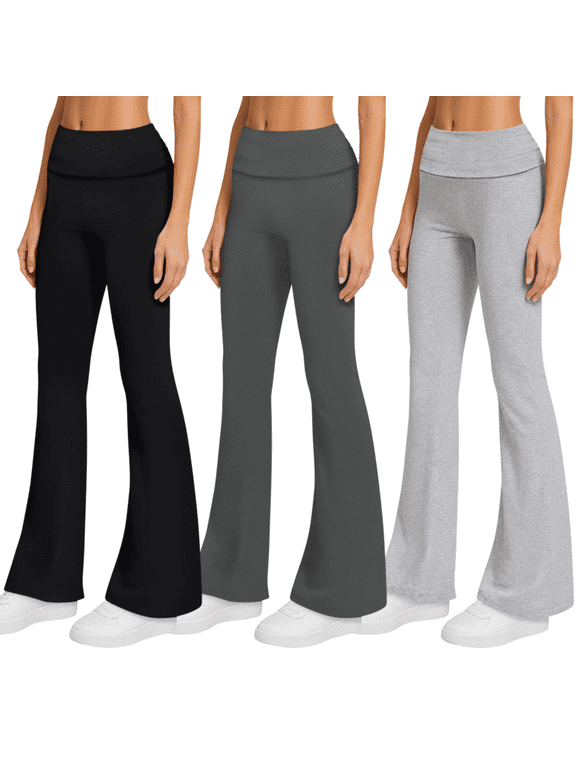 3-Pack Flare Leggings for Women- Foldover Flared Yoga Pants for Women Clothing Made in USA