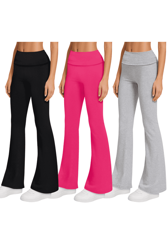 3-Pack Flare Leggings for Women- Foldover Flared Yoga Pants for Women Clothing Made in USA