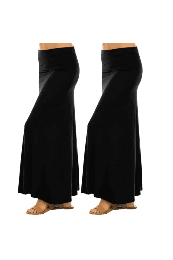 Maxi Skirt for Women- Foldover High Waist Long Flare A-Line Skirt Maxi Dress XS-XL Made in USA (2Black,Small)