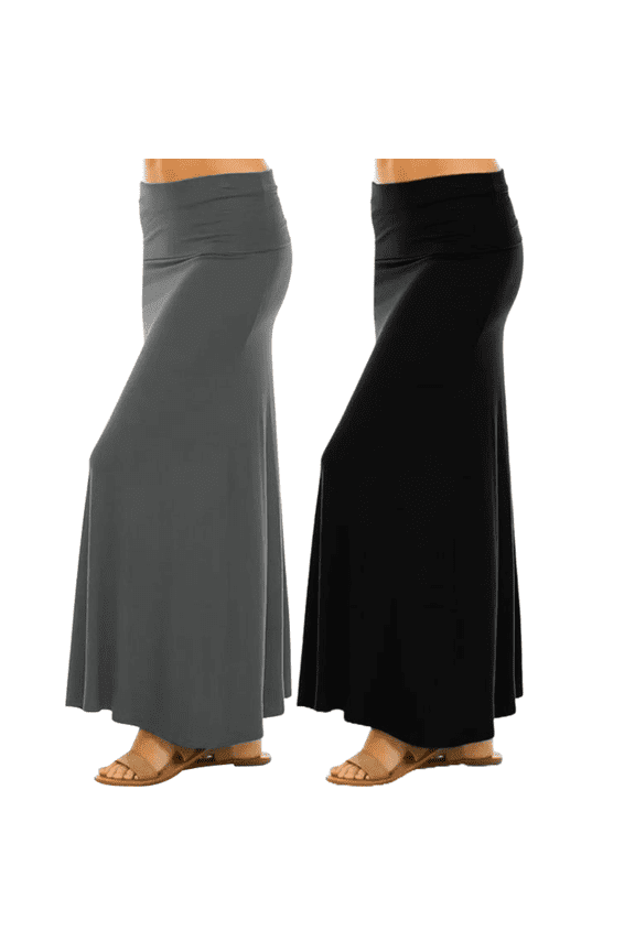 Maxi Skirt for Women- Foldover High Waist Long Flare A-Line Skirt Maxi Dress XS-XL Made in USA (BlackCharcoal, Medium)