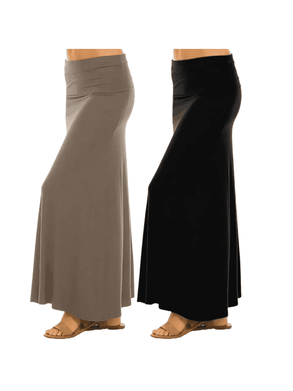 Maxi Skirt for Women- Foldover High Waist Long Flare A-Line Skirt Maxi Dress XS-XL Made in USA (BlackMocha, X-Large)