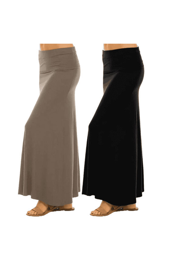 Maxi Skirt for Women- Foldover High Waist Long Flare A-Line Skirt Maxi Dress XS-XL Made in USA (BlackMocha, X-Large)
