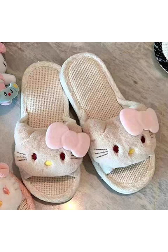 Sweet HelloKitty Cotton Linen Slippers Women All-Season Casual Soft-Soled Home Slippers Deodorant  Anti-Slip
