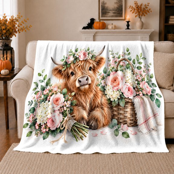 Sweet Highland Cow Watercolor Crowned Pink Roses Serene, Rustic Botanical Portrait, Warm Flannel Blanket for Ranch House and Living Room, Animal Lovers Valentine's Day Gift, Rustic Home Decor