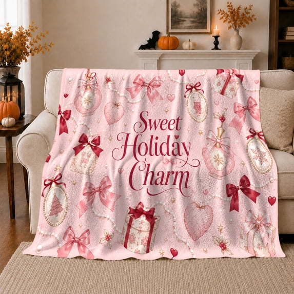 Sweet Holiday Charm Pink Christmas, Festive Holiday Scene, Warm Flannel Blanket for Living Room and Reading Nook with Detailed Artwork, Art Lovers Christmas Gift, Festive Home Decor