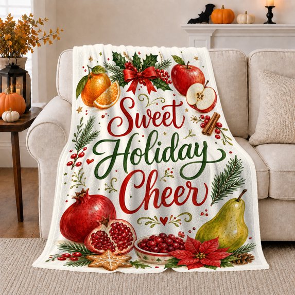 Sweet Holiday Cheer Festive Fruit Botanical Illustration, Festive Holiday Scene, Warm Flannel Blanket for Living Room and Family Room, Art Lovers Valentine's Day Gift, Festive Home Decor