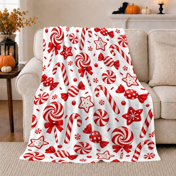 Sweet Holiday Confection decorative motif Cane Pattern, Festive Holiday Scene, Warm Flannel Blanket for Living Room and Reading Nook, Art Lovers Christmas Gift, Festive Home Decor