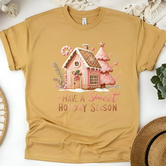 Sweet Holiday Season T-Shirt | Gingerbread House Graphic Tee, Gold, Size M