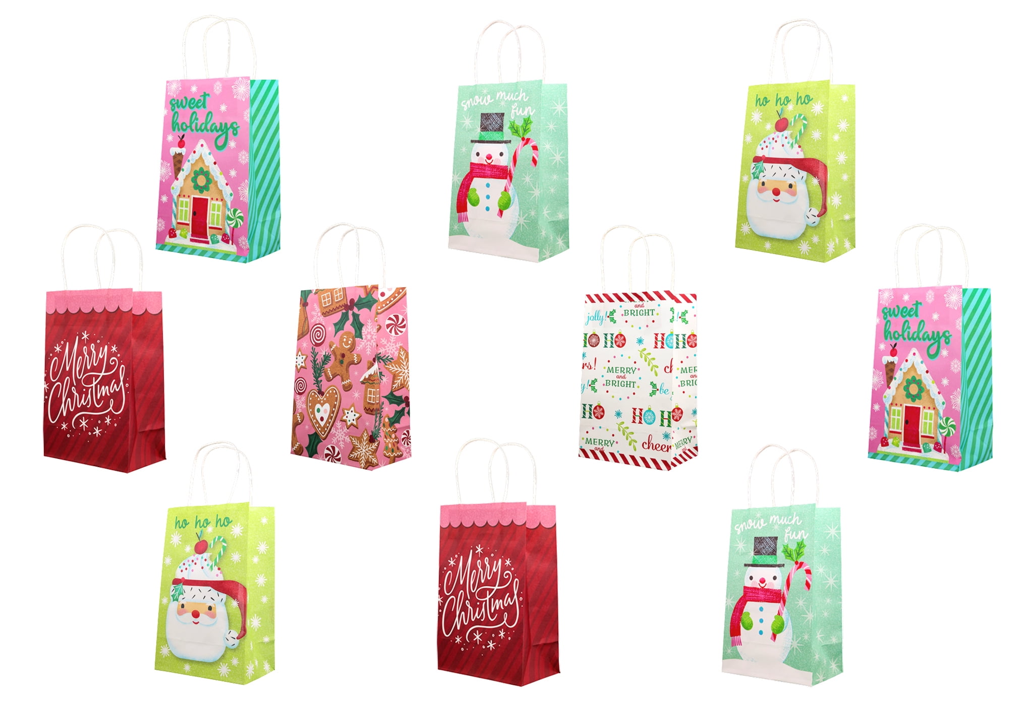 200 Pcs Christmas Gift Bags Bulk - Kraft Paper, 9x7x3 Inches, 10 Assorted Designs With Handles