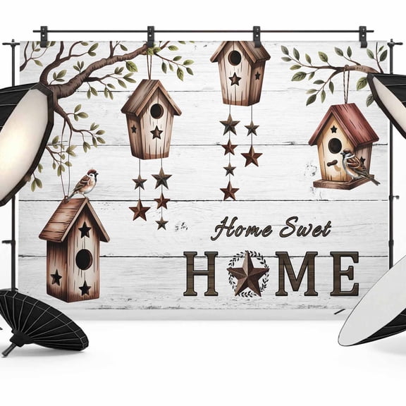 Sweet Home Backdrop for Photoshoot,Photography Photo Studio Background Wall Backdrop,Western Stars Bird Houses White Wood Plank Back Drop Banner Panel for Portraits Wedding Live Streaming 12x8Ft