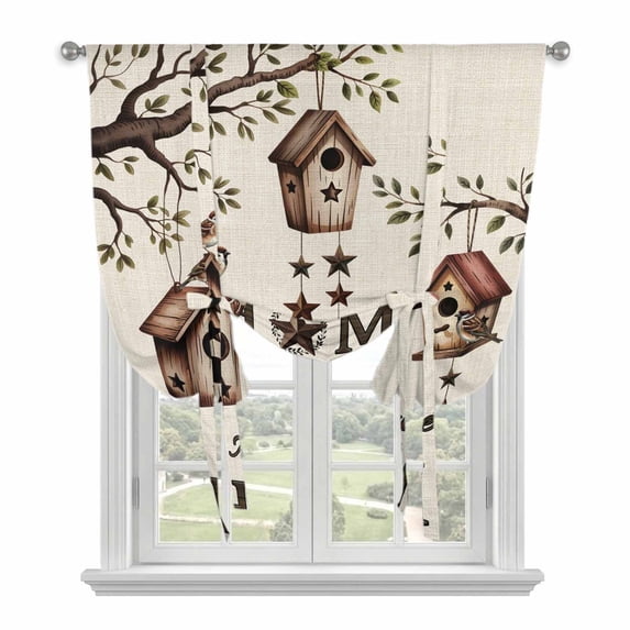 Sweet Home Balloon Curtains for Bedroom/Front Door/Bathroom, Western Stars Bird Houses Farmhouse Retro Tie Up Curtains 63 Inch Length Light Filtering Kitchen Curtains Shades for Windows 46"x63"