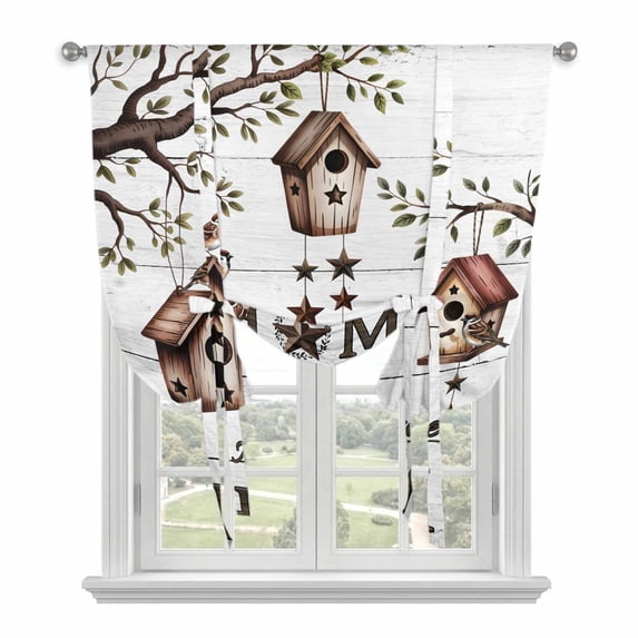 Sweet Home Balloon Curtains for Living Room/French Door, Western Stars Bird Houses White Wood Plank Tie Up Curtains 63 Inch Length Energy Saving Kitchen Curtains Shades for Windows 42"x63"