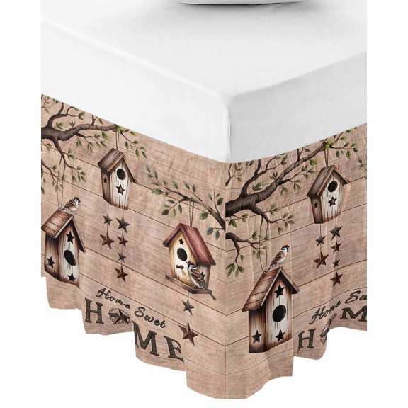 Sweet Home Bed Skirt Cal King 16 Inch Drop, Wrap Around Bed Skirts, Western Stars Bird Houses Brown Wooden Grain Elastic Bedskirt Pleated Bed Frame Cover Luxurious Dust Ruffle for Cal King Bed