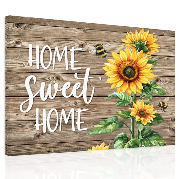 Sweet Home Canvas Print Wall Art, Sunflower Vintage Rustic Brown Stripe Wood Board Wall Decor Modern Artwork Paintings Pictures for Living Room Framed and Stretched Ready to Hang, 24" x 32"