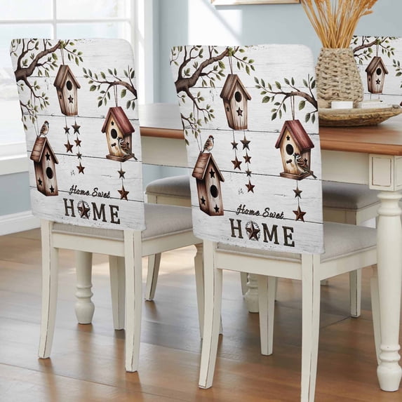 Sweet Home Chair Back Covers, Western Stars Bird Houses White Wood Plank Removable Chair Covers for Dining Chairs Set of 4, Washable Chairs Slipcovers Back Seat Protector for Wedding Party 19"x20"