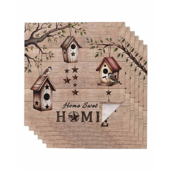 Sweet Home Cloth Napkins Set of 6 Reusable Dinner Napkins, Western Stars Bird Houses Brown Wooden Grain Cocktail Napkin Washable Table Napkins for Wedding/Holiday Party/Baby Shower 20"x20"