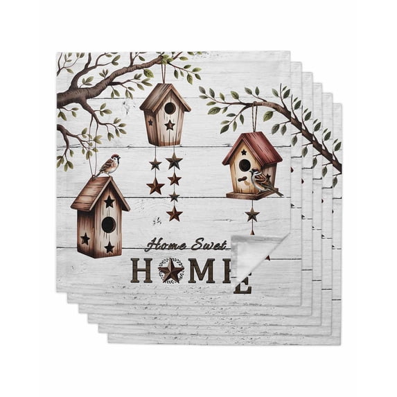Sweet Home Cloth Napkins Set of 6 Reusable Dinner Napkins, Western Stars Bird Houses White Wood Plank Cocktail Napkin Washable Table Napkins for Wedding/Holiday Party/Baby Shower 20"x20"