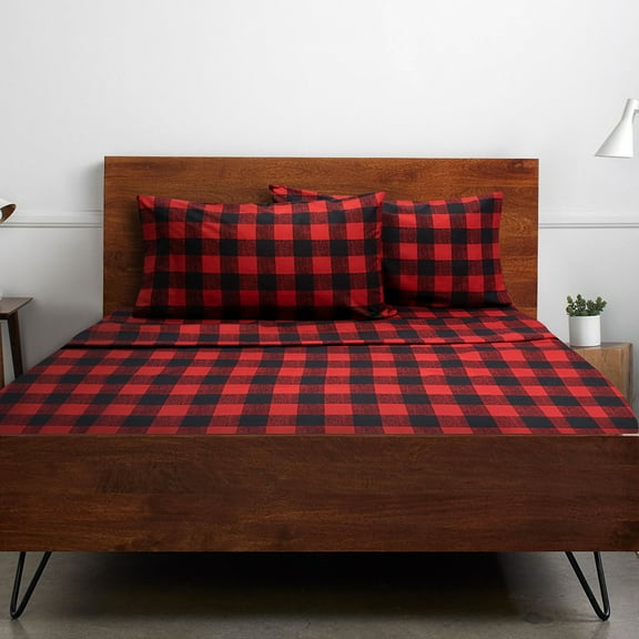 Sweet Home Collection 1800 Series Buffalo Plaid Black and Red 4 Piece Bed Sheet Set - Queen