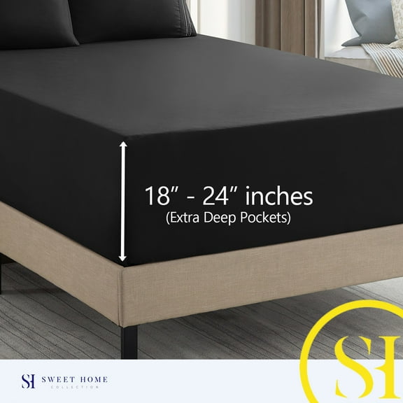 Sweet Home Collection 1800 Thread Count Extra Deep 21" Pocket 4 Piece Sheet Set Queen Black