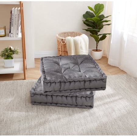 20"x20" Oversized Square Tufted Floor Pillow in Faux Velvet Fabric - 2-Pack, Grey