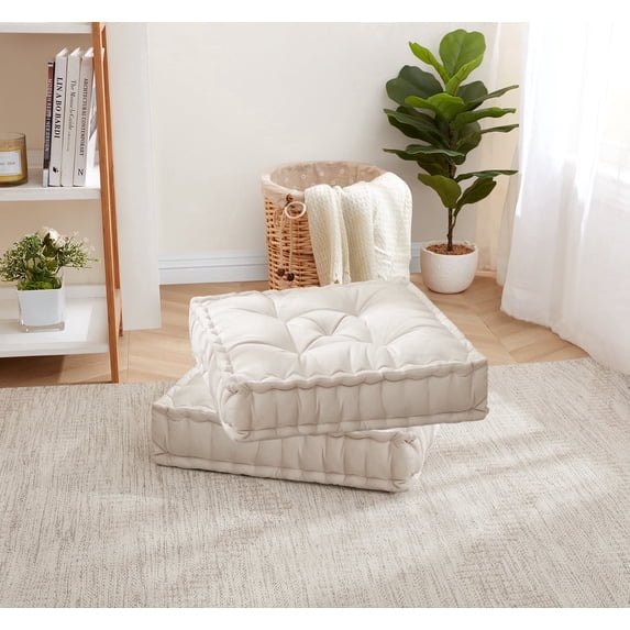 20"x20" Oversized Square Tufted Floor Pillow in Faux Velvet Fabric - 2-Pack, Ivory