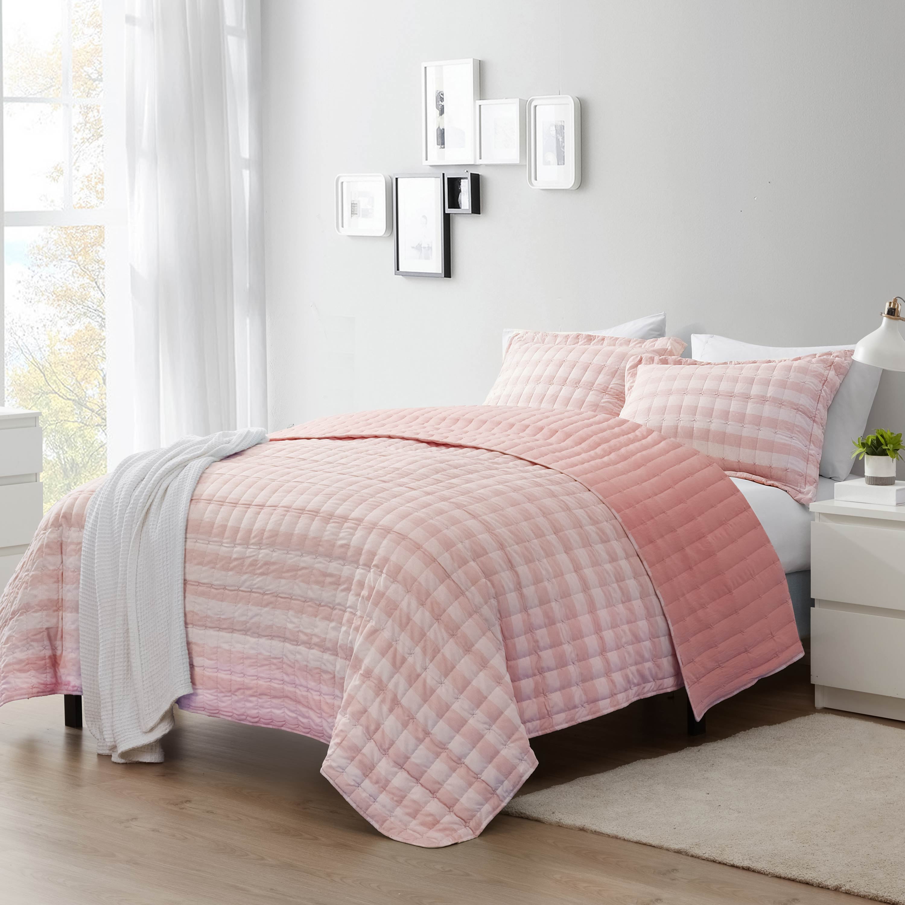 Sweet Home Collection 3 Piece Embroidered Checkered Quilt and Pillow Sham Set King Light Burgundy