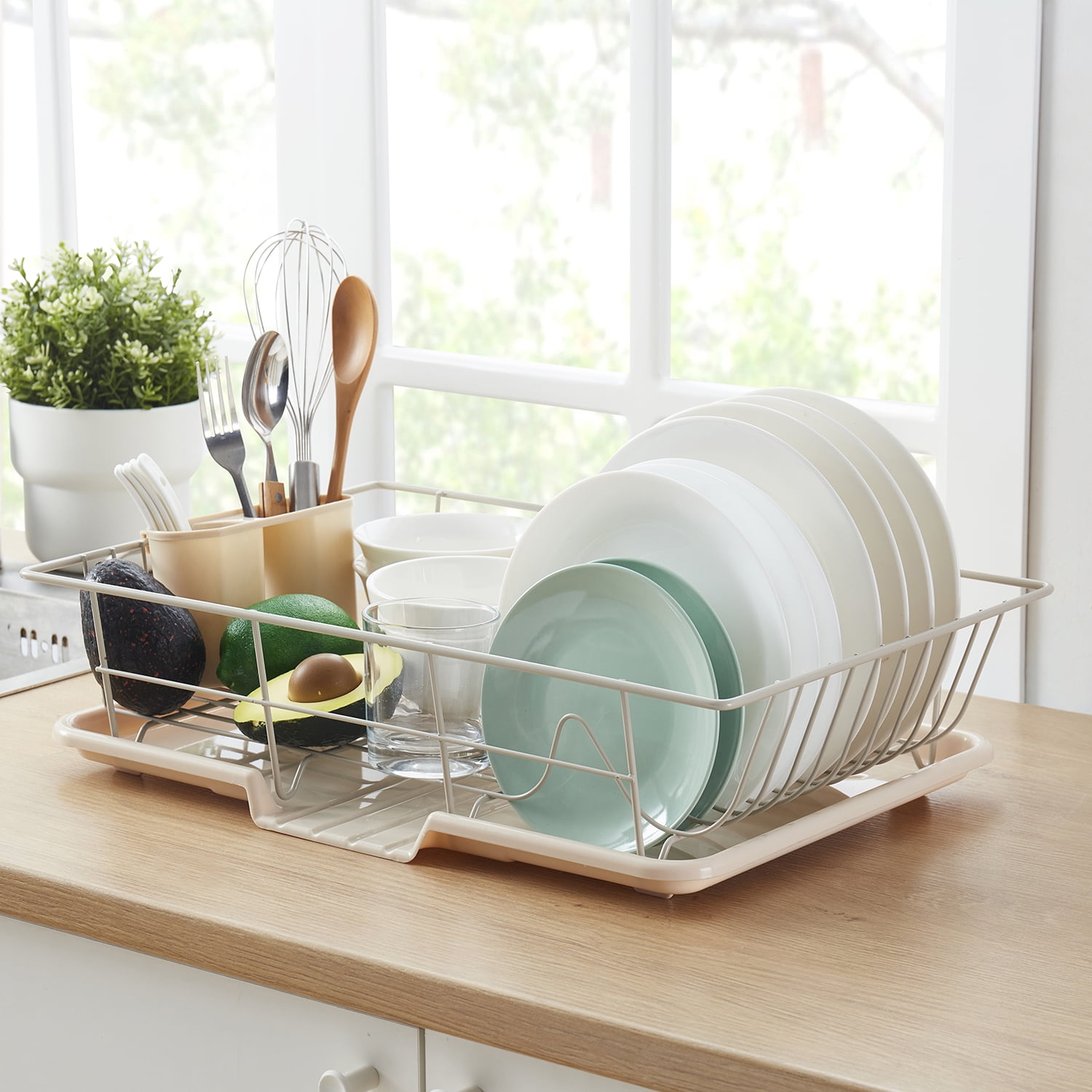 Beige Metal 3-Piece Dish Drainer Rack with Utensil Cup