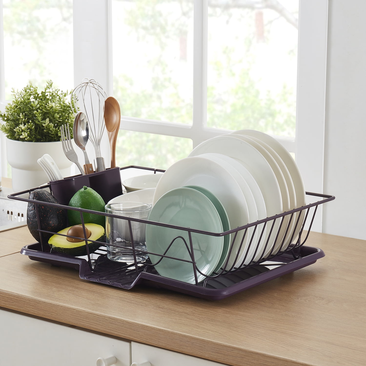 Eggplant Metal Foldable Dish Rack with Utensil Cup