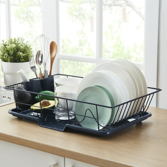 Sweet Home Collection 3-Piece Kitchen Sink Dish Drainer Set- Navy