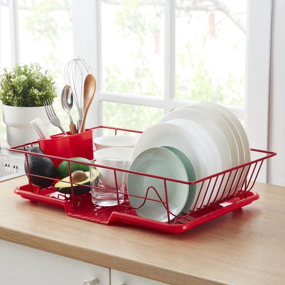 Sweet Home Collection 3-Piece Kitchen Sink Dish Drainer Set- Red