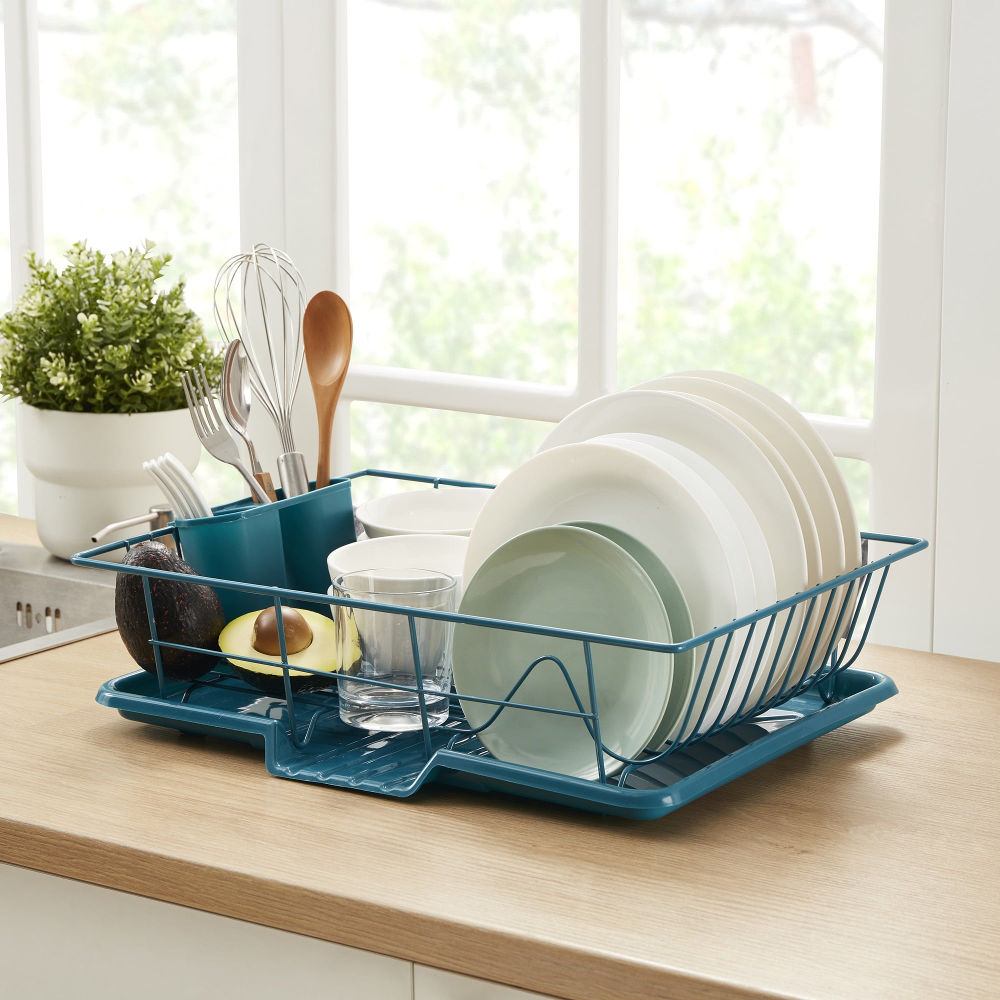 Teal Steel 3-Piece Countertop Dish Drainer with Utensil Cup