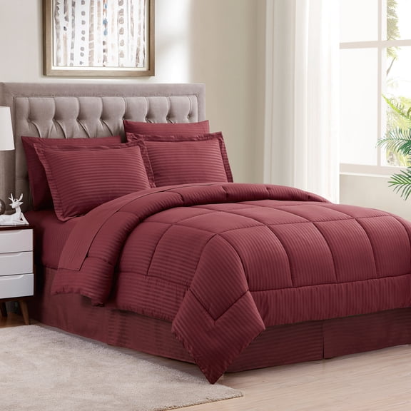 Sweet Home Collection 6 Piece Bed in a Bag Dobby Stripe Comforter Set with Bed sheets- Twin, Burgundy