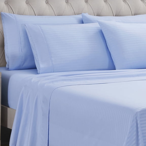 Sweet Home Collection 6 Piece Embossed Dobby Hotel Stripe Sheet Set, Queen - Light Blue