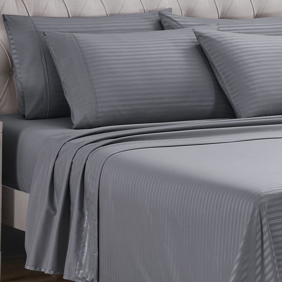 Sweet Home Collection 6 Piece Embossed Dobby Hotel Stripe Sheet Set, Queen - Silver