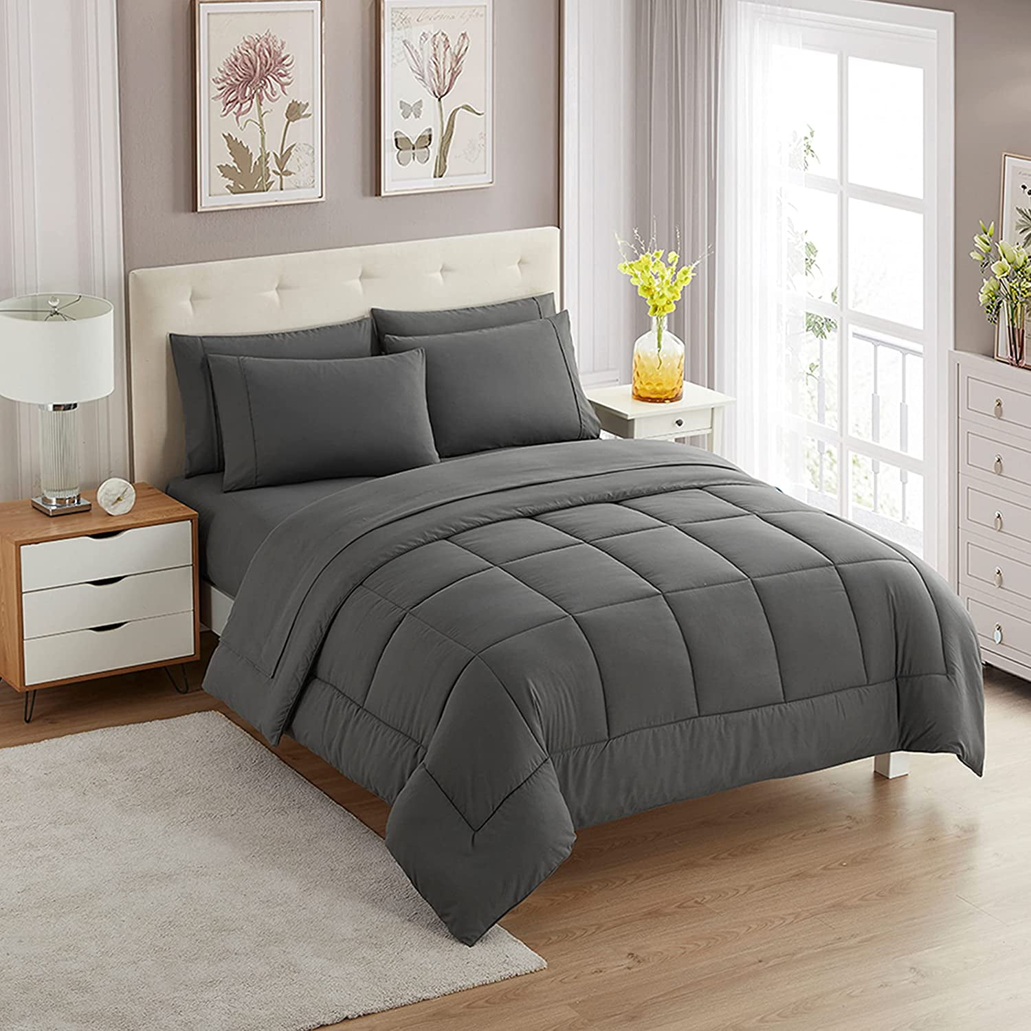 Gray Twin Reversible Microfiber Down Alternative 7-Piece Bed in a Bag Set