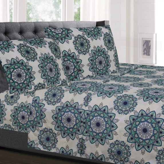 Sweet Home Collection Ashley Green Mandala Pattern 4-Piece Microfiber Bed Sheet Set - Twin