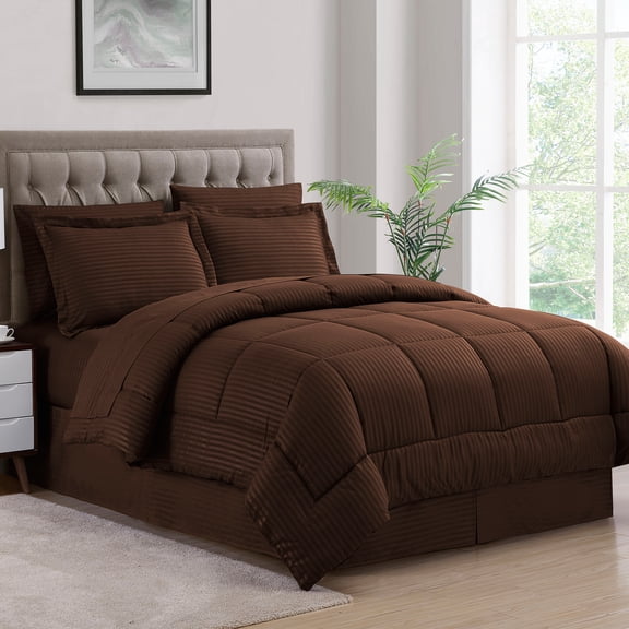 Dobby Stripe 8 Piece Bed in a Bag Bedding Set Includes Bed Sheets and Bed Skirt, King - Chocolate